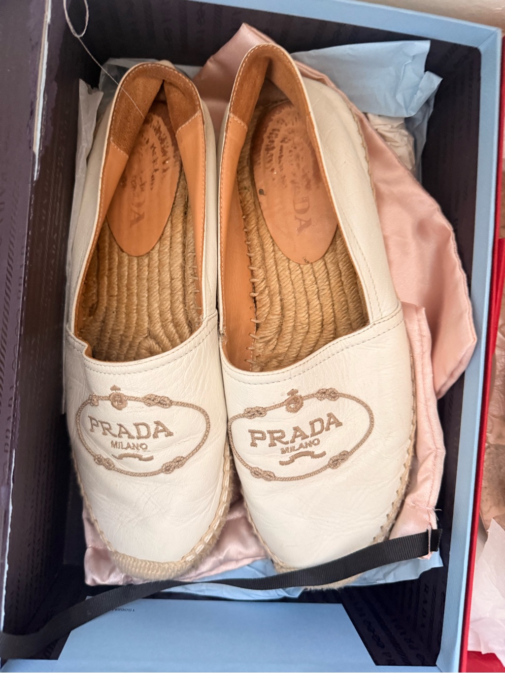 Prada Cream Leather Embroidered Espadrilles